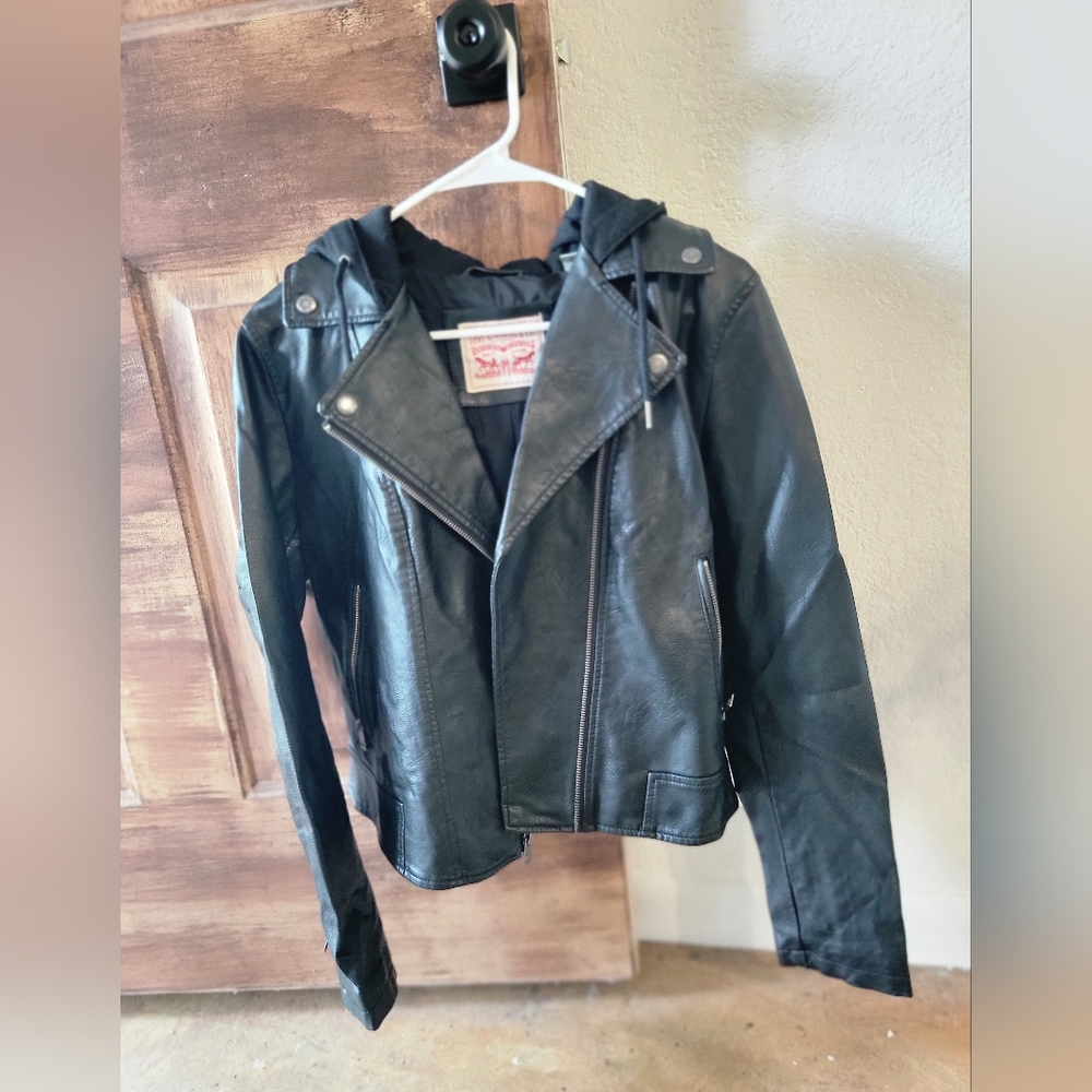 Levi's Black Leather Biker Jacket Womens Size Medium Like New With Hood Motoboho
